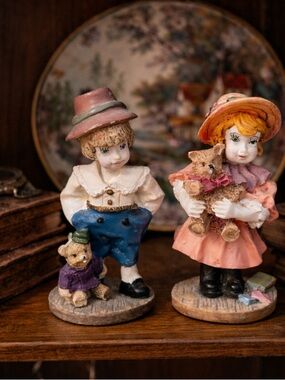 Ceramic World Inc Decorative Boy and Girl Figurines with Teddy Bears